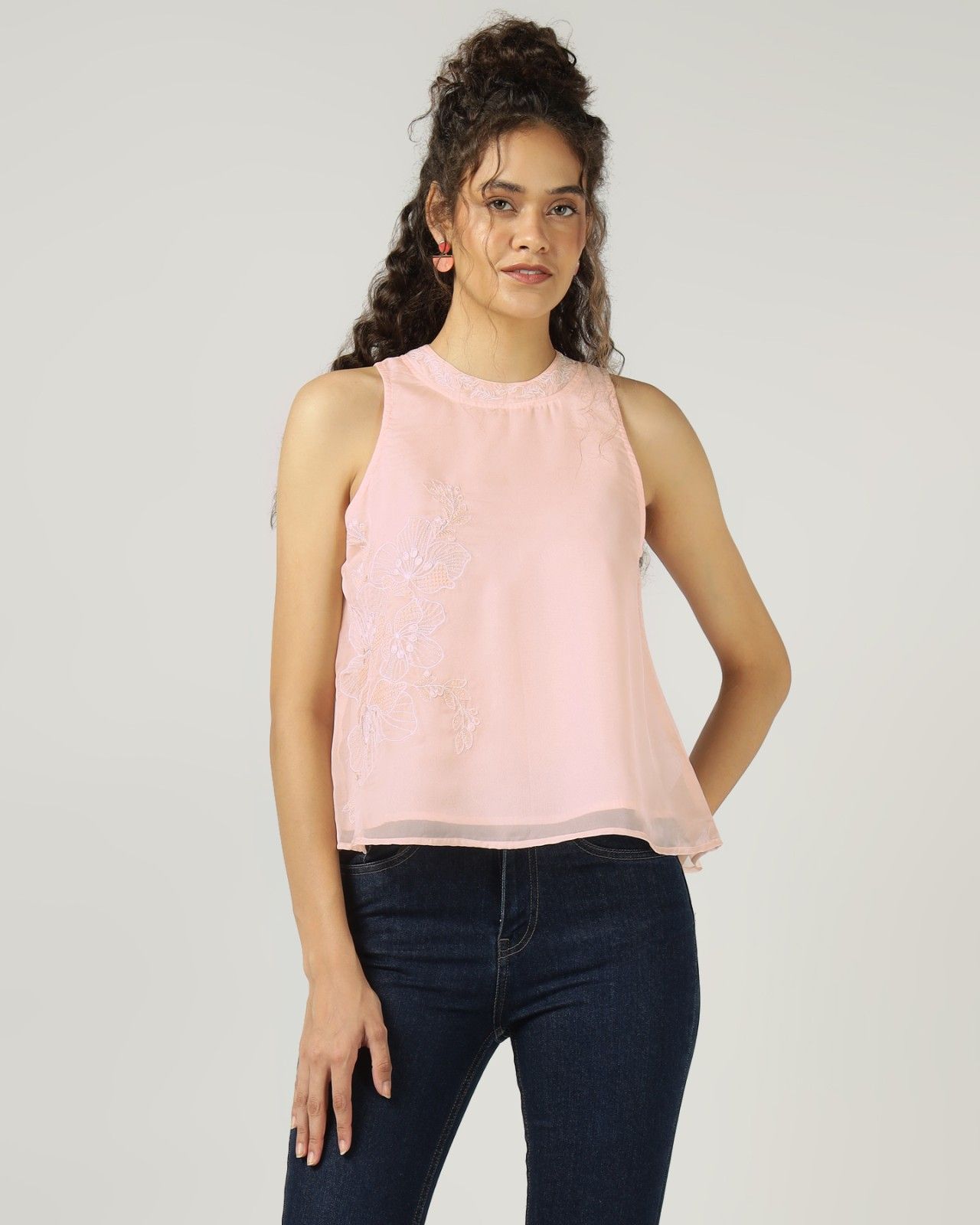 PEACH HALTER NECK ORGANZA TOP WITH FLORAL EMBROIDERY